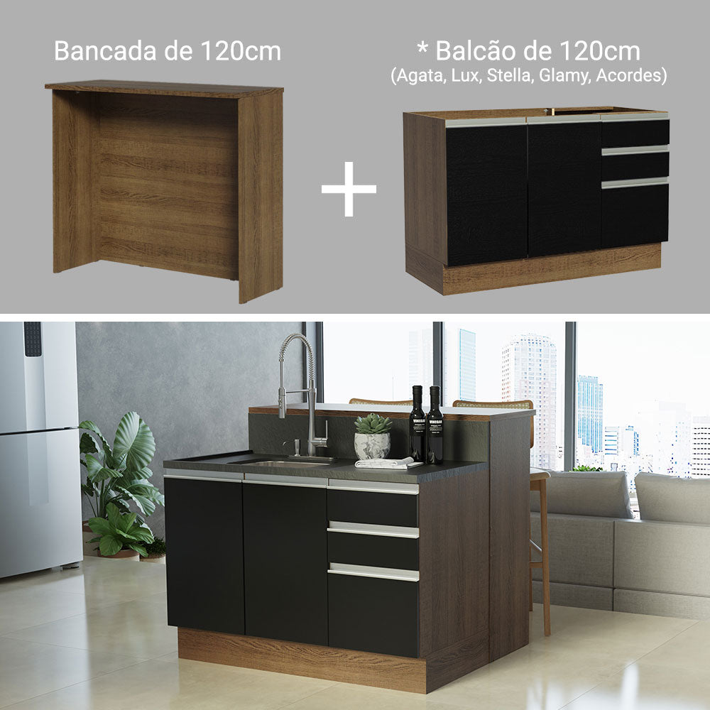 Isla de Cocina 120 cm 2 Puertas 3 Cajones Sin Encimera Marrón/Negro Glamy Madesa