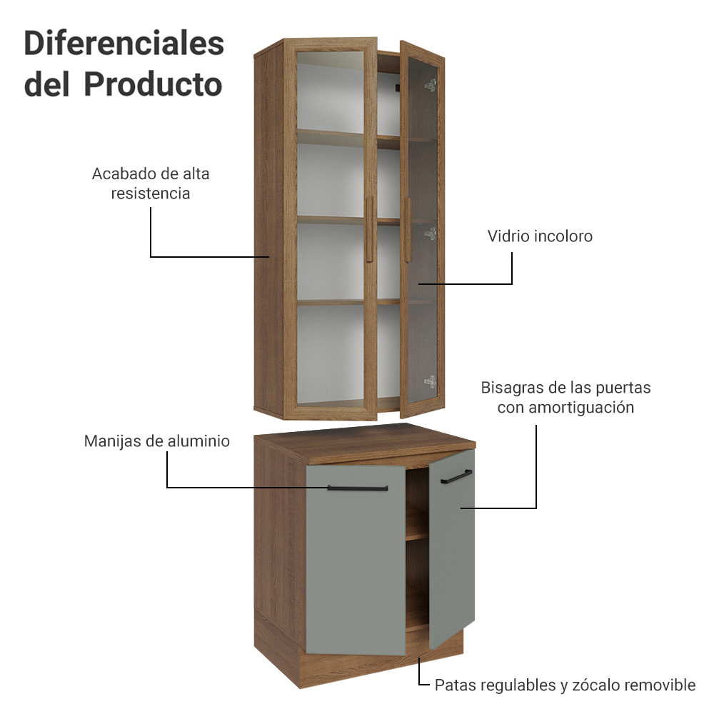 Kit Gabinete Bajo 2 Puertas y Vitrina 70 cm Marrón/Gris Agata Madesa