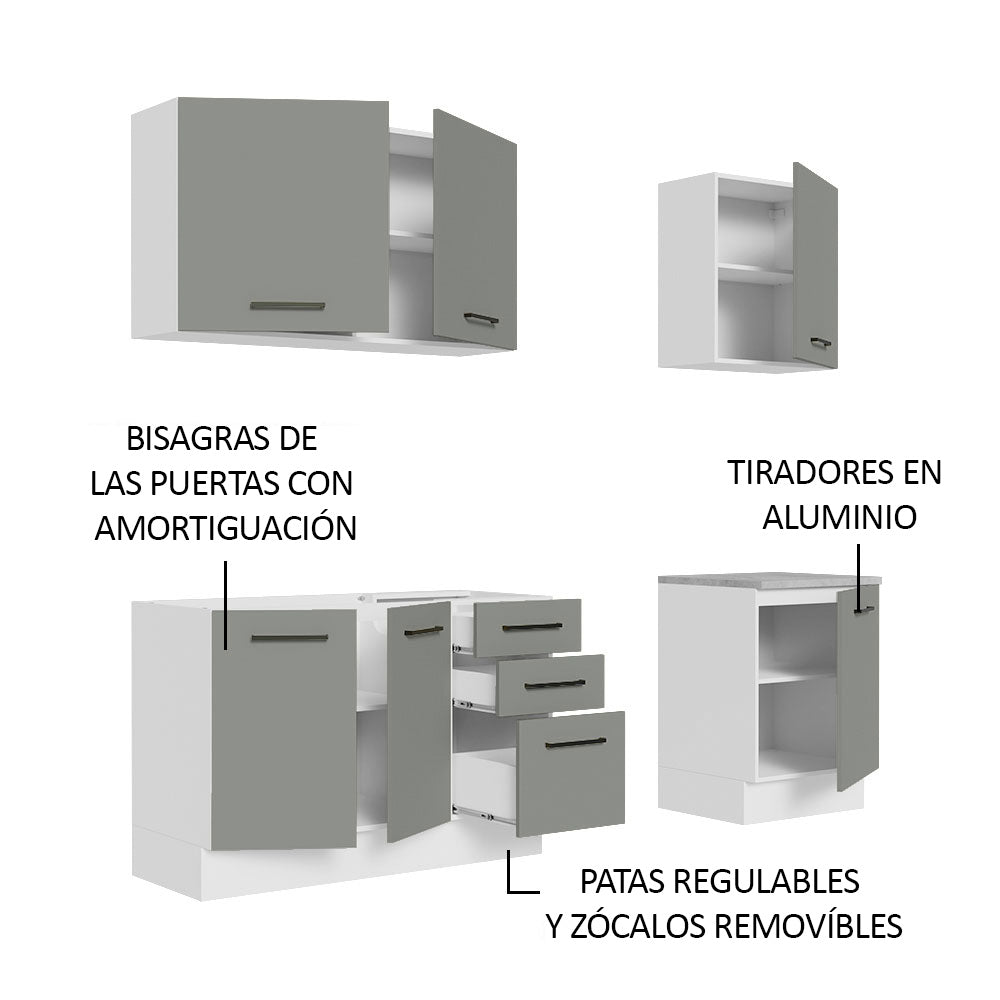 Cocina Compacta 180 x 52 cm 6 Puertas 3 Cajones Blanco/Gris Agata Madesa 01