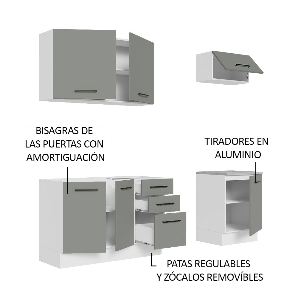 Cocina Compacta 180 x 52 cm 6 Puertas 3 Cajones Blanco/Gris Agata Madesa 03