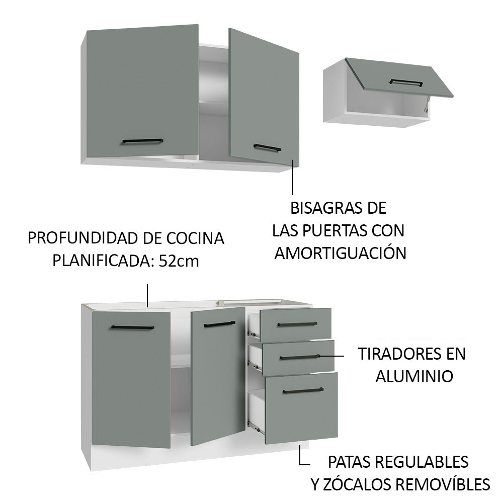 Cocina Compacta 180 x 52 cm 5 Puertas 3 Cajones Blanco/Gris Agata Madesa