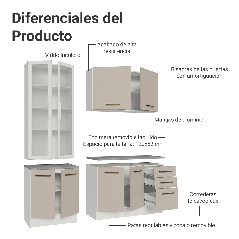 Cocina Compacta 190 cm Con Vitrina Blanco/Crema Agata Madesa