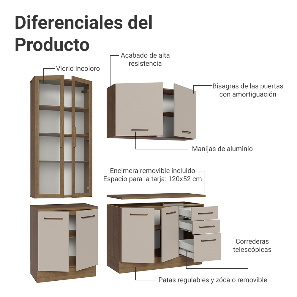 Cocina Compacta 190 cm Con Vitrina Marrón/Crema Agata Madesa