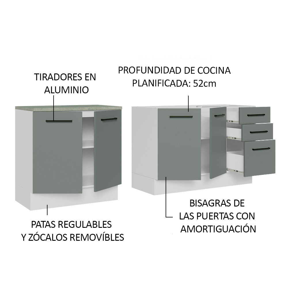 Kit 2 Gabinetes Bajos de Cocina 200 cm Blanco/Gris Agata Madesa
