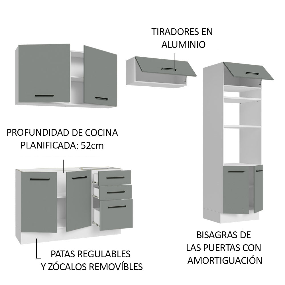 Cocina Integral 270 x 52 cm 8 Puertas 3 Cajones Blanco/Gris Agata Madesa 08