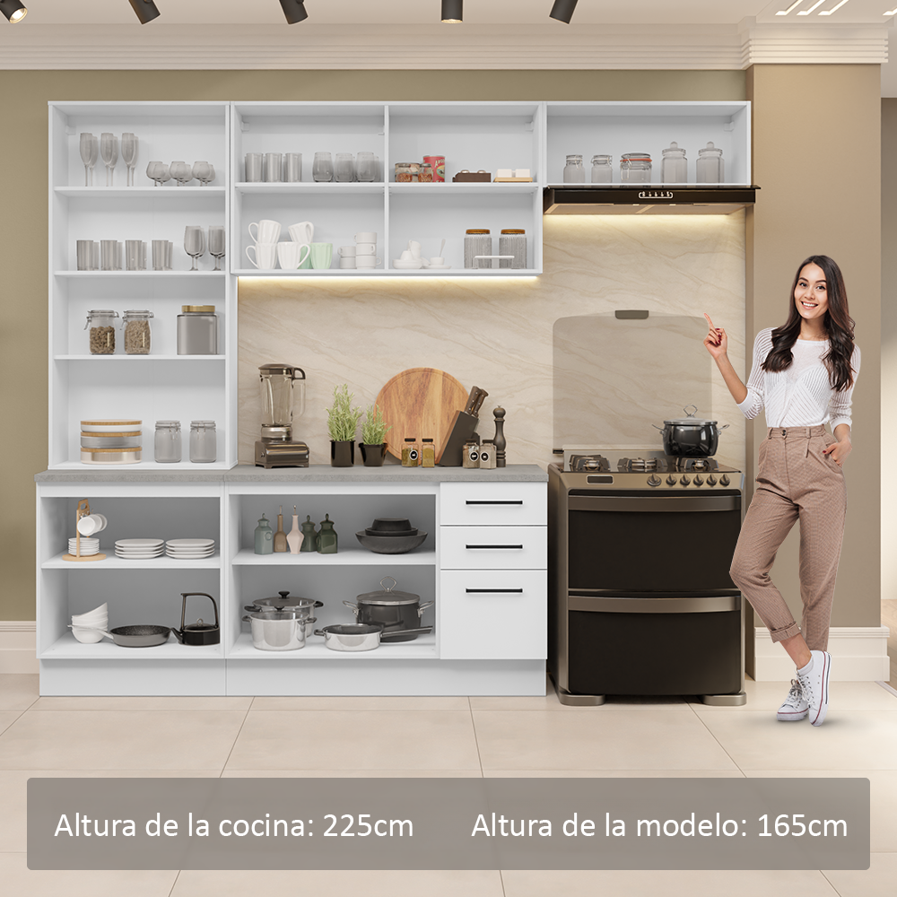 Cocina Integral 270 x 52 cm 9 Puertas 3 Cajones Blanco Agata Madesa