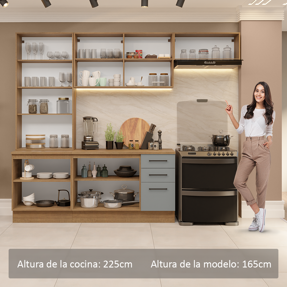 Cocina Integral 270 x 52 cm 9 Puertas 3 Cajones Marrón/Gris Agata Madesa