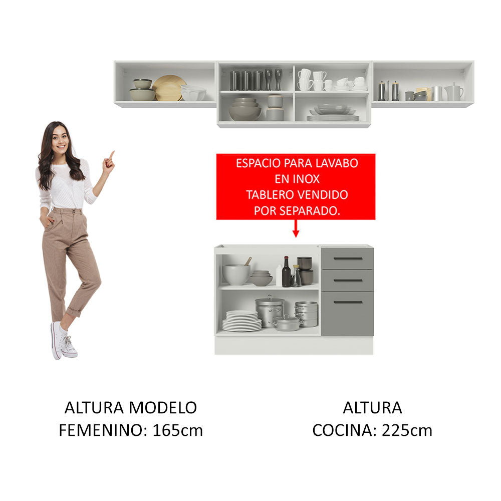 Cocina Integral 280 x 52 cm 5 Puertas 3 Cajones Blanco/Gris Agata Madesa 03