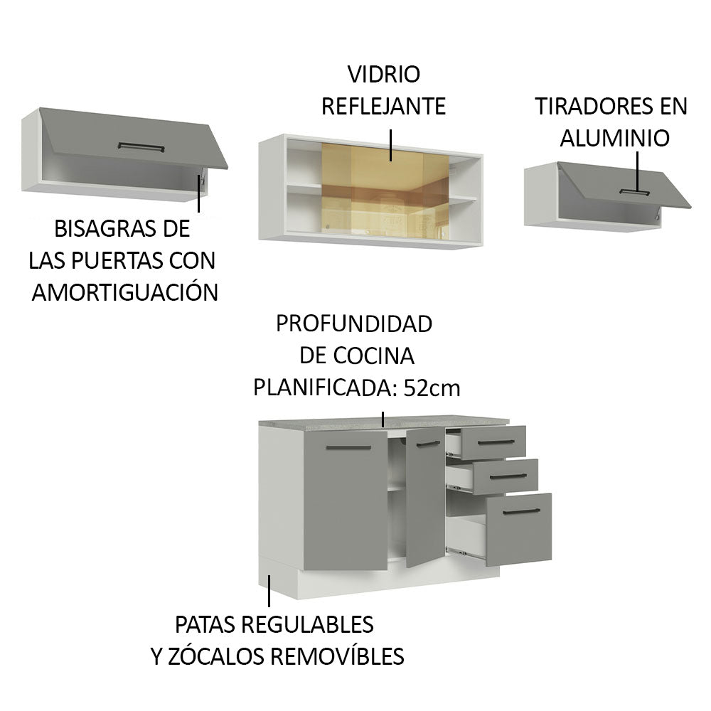 Cocina Integral 280 x 52 cm 5 Puertas 3 Cajones Blanco/Gris Agata Madesa 04