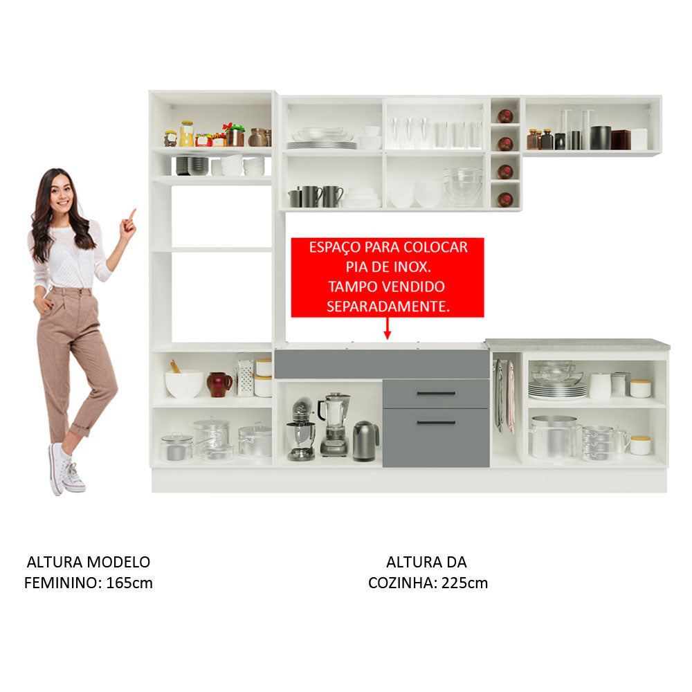 Cocina Integral 290 x 52 cm 9 Puertas 2 Cajones Con Mueble para Horno Blanco/Gris Agata Madesa