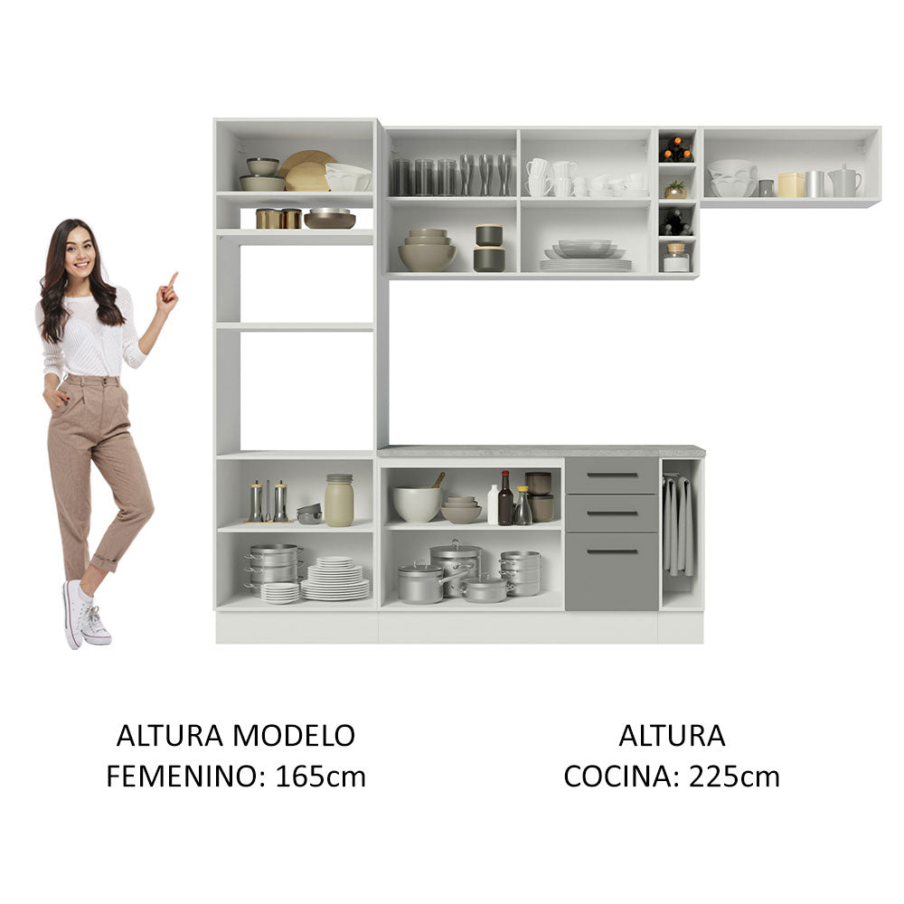 Cocina Integral 290 x 52 cm 8 Puertas 3 Cajones Con Mueble para Horno Blanco/Gris Agata Madesa 04