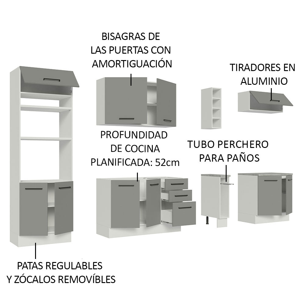 Cocina Integral 290 x 52 cm 10 Puertas 3 Cajones Con Mueble para Horno Blanco/Gris Agata Madesa 05