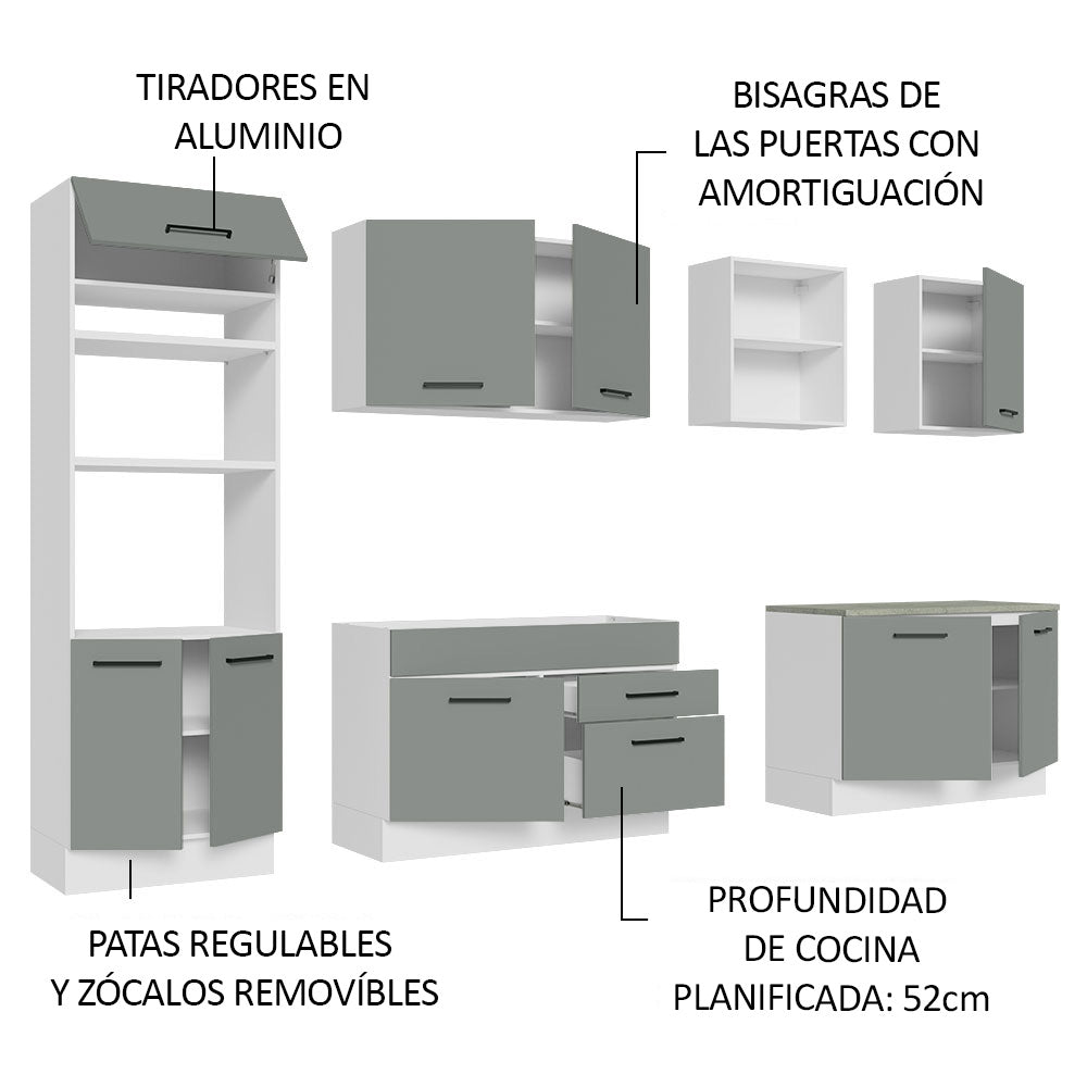 Cocina Integral 310 x 52 cm 9 Puertas 2 Cajones Con Mueble para Horno Blanco/Gris Agata Madesa