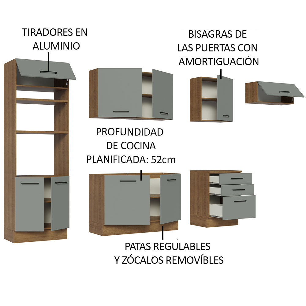 Cocina Integral 330 x 52 cm 9 Puertas 3 Cajones Con Mueble para Horno Marrón/Gris Agata Madesa