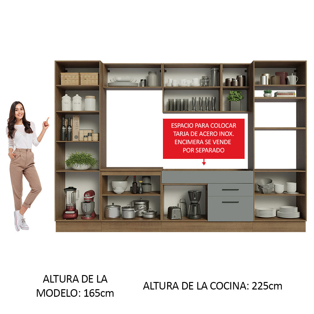 Cocina Integral 330 x 52 cm 9 Puertas 2 Cajones Con Mueble para Horno Marrón/Gris Agata Madesa