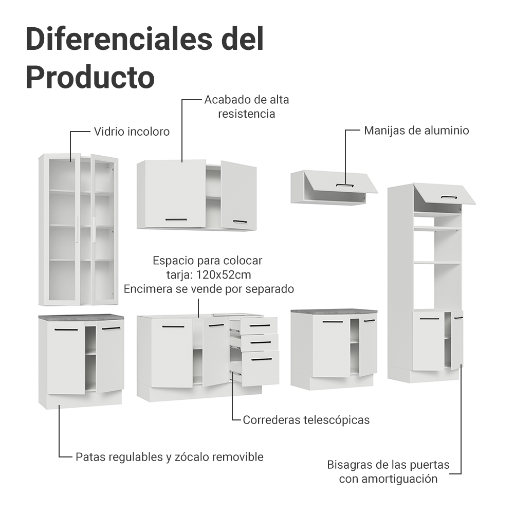 Cocina Integral 340 cm Con Mueble para Horno y Vitrina Blanco Agata Madesa