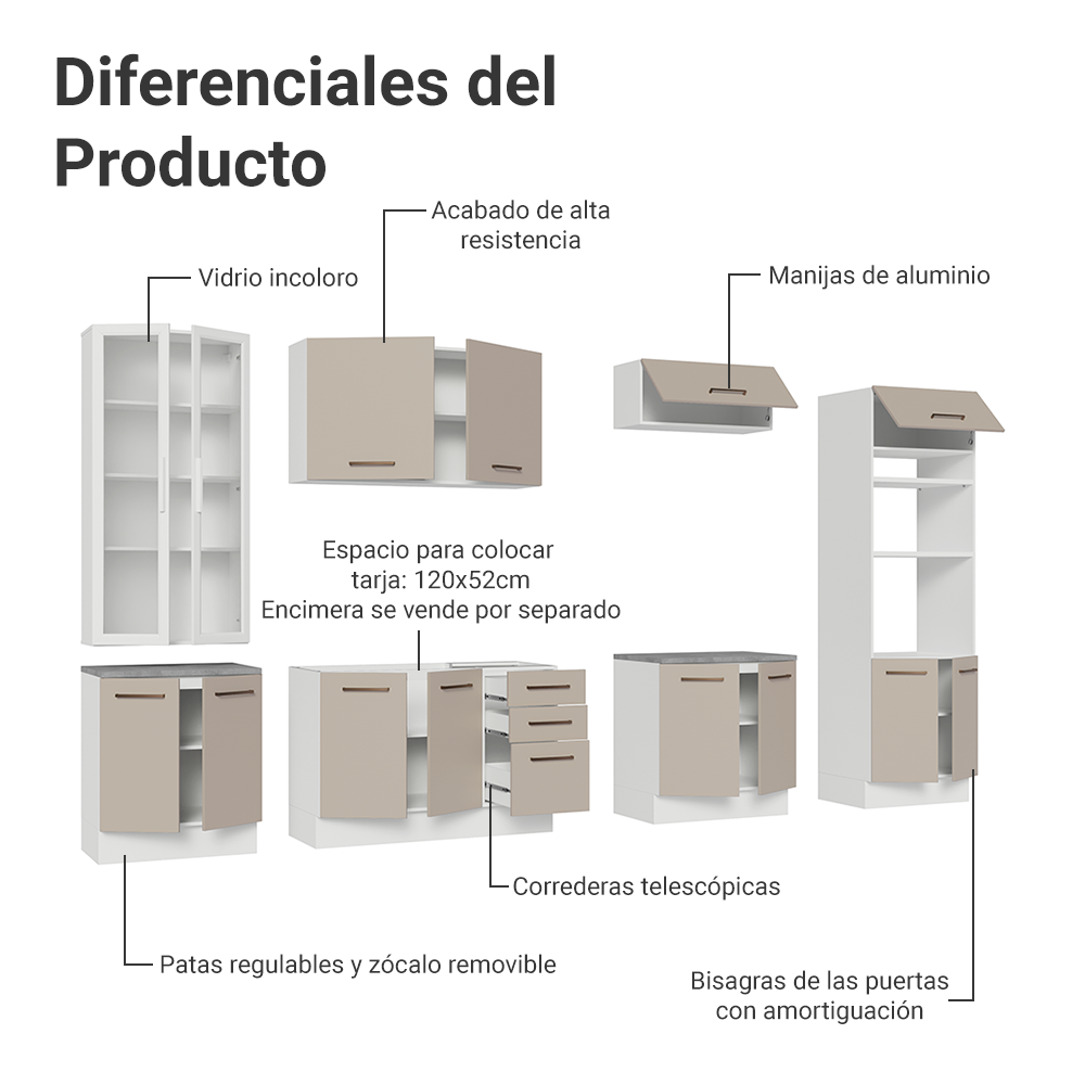 Cocina Integral 340 cm Con Mueble para Horno y Vitrina Blanco/Crema Agata Madesa