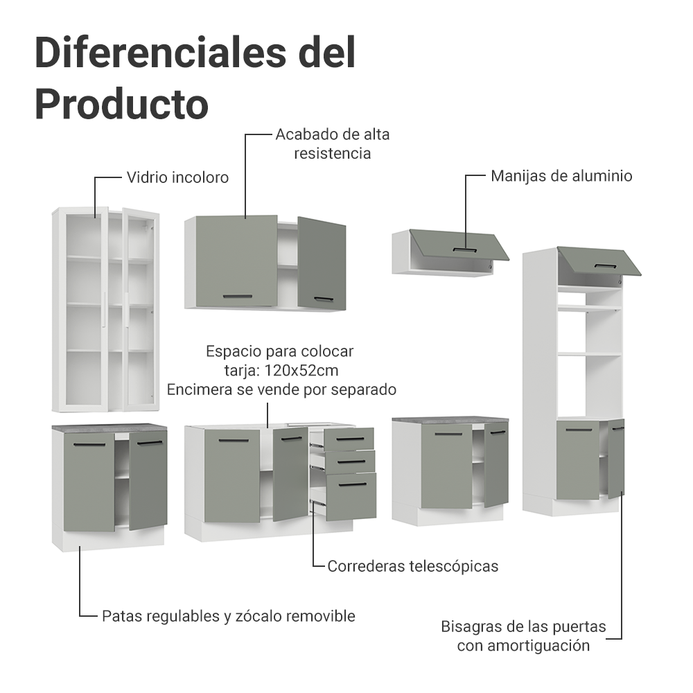 Cocina Integral 340 cm Con Mueble para Horno y Vitrina Blanco/Gris Agata Madesa