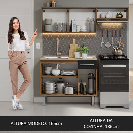 Cocina Compacta 165cm Con Mesón de Acero Marrón/Negro Emilly Madesa 06