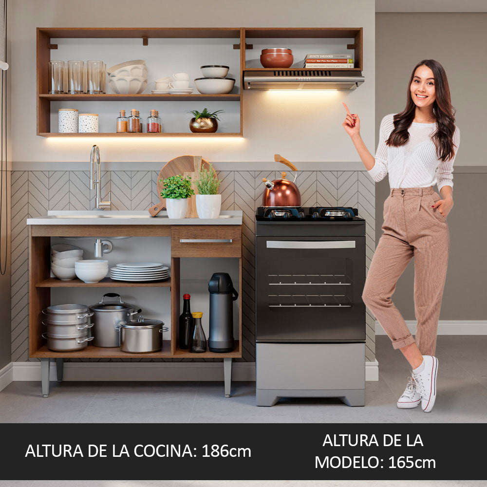 Cocina Compacta 165 cm 5 Puertas 1 Cajón Con Fregadero Marrón Emilly Madesa 09