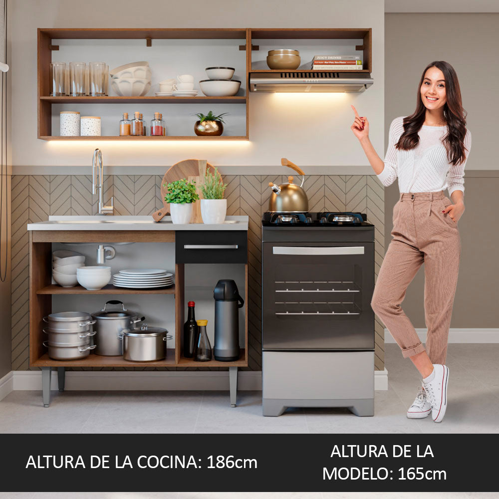 Cocina Compacta 165 cm 5 Puertas 1 Cajón Con Fregadero Marrón/Negro Emilly Madesa 09