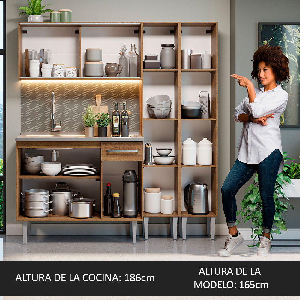 Cocina Compacta 169 cm 9 Puertas 1 Cajón Con Fregadero Marrón Emilly Madesa 01