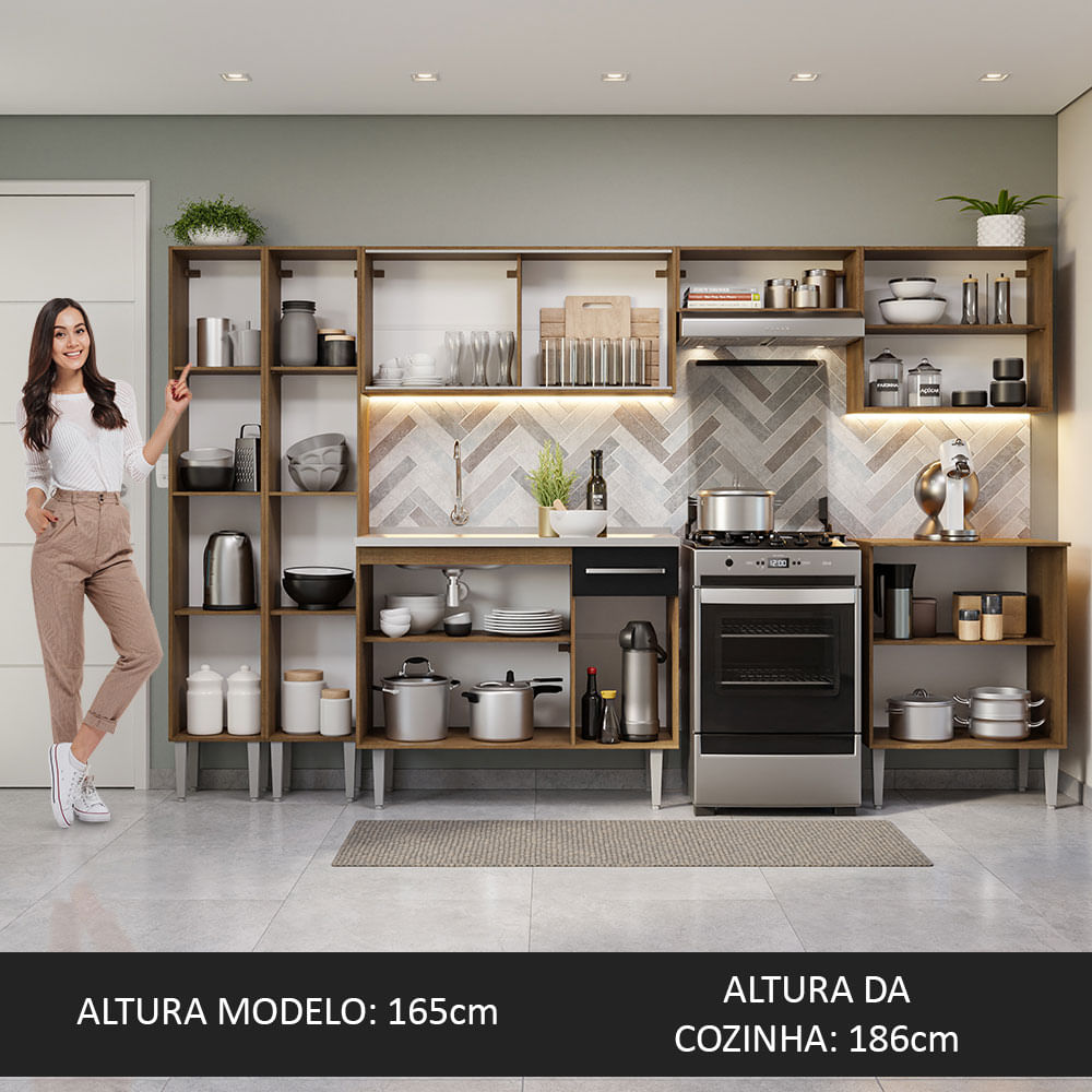 Cocina Integral 293 cm Con Fregadero Marrón/Negro Emilly Madesa