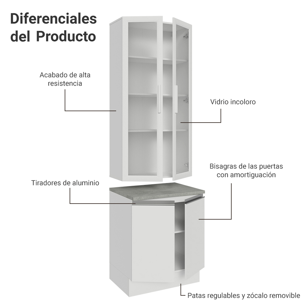 Kit Gabinete Bajo 2 Puertas y Vitrina 70 cm Blanco Glamy Madesa