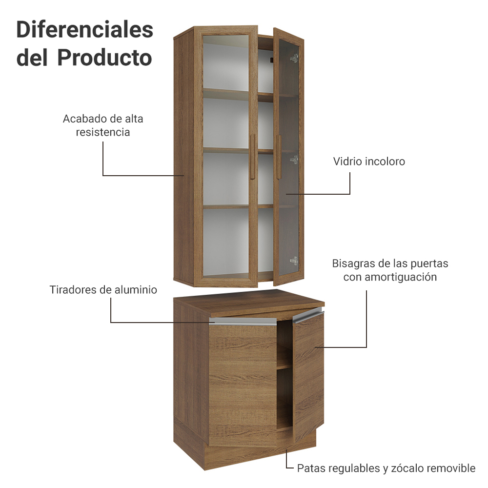 Kit Gabinete Bajo 2 Puertas y Vitrina 70 cm Marrón Glamy Madesa