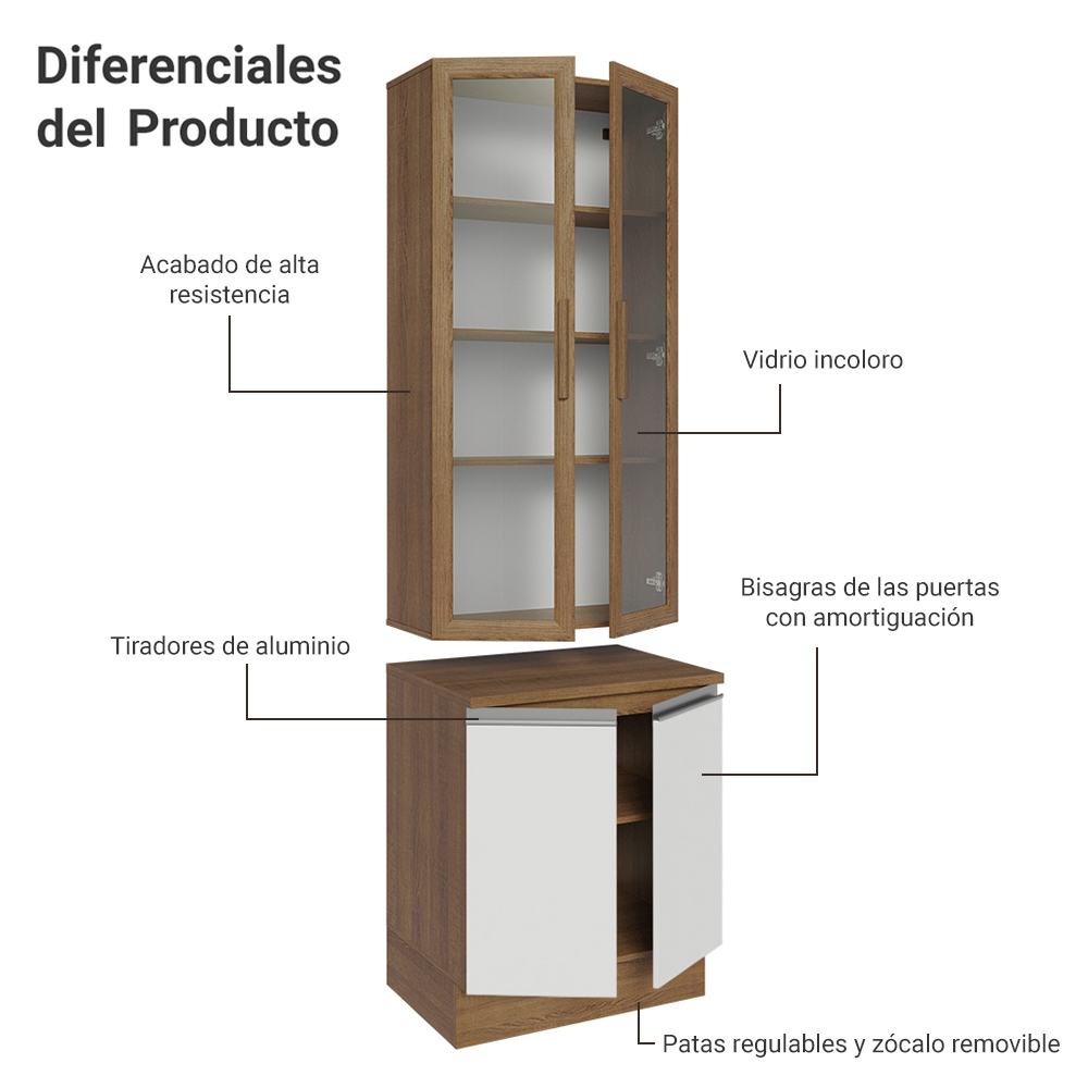 Kit Gabinete Bajo 2 Puertas y Vitrina 70 cm Marrón/Blanco Glamy Madesa