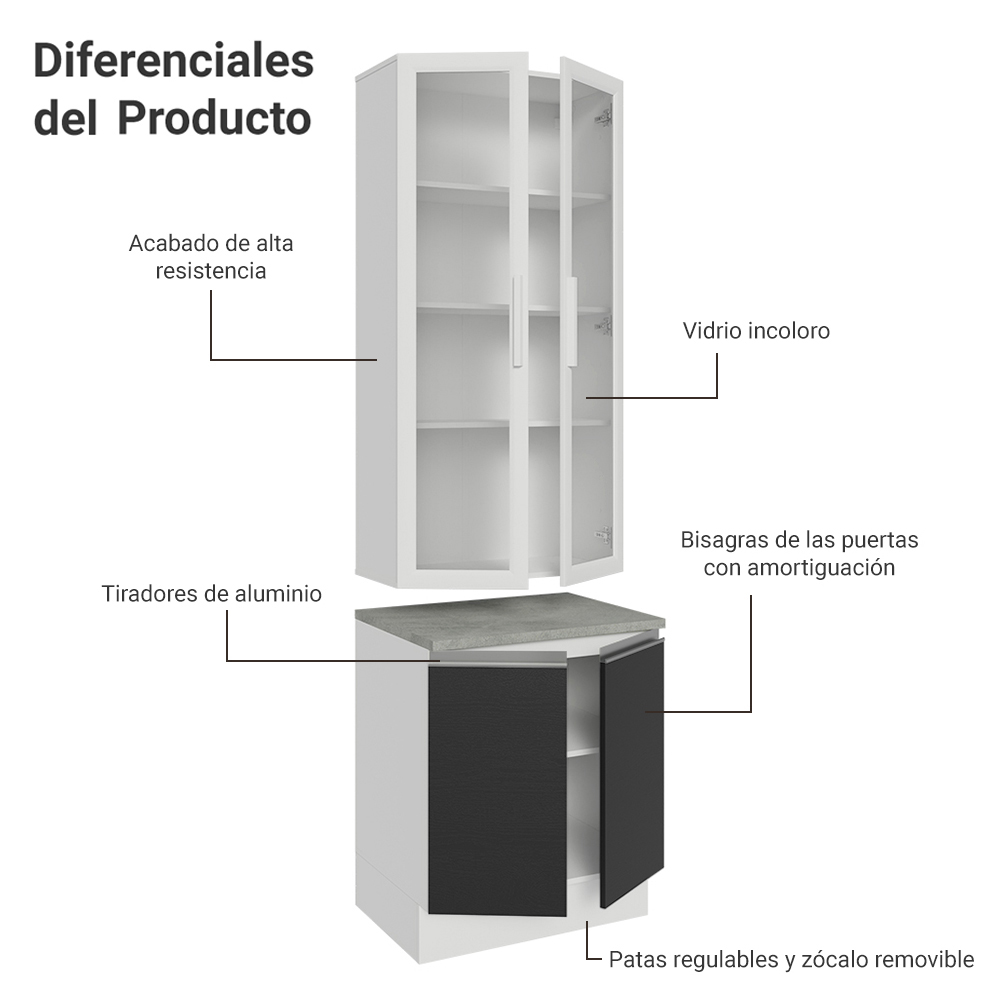 Kit Gabinete Bajo 2 Puertas y Vitrina 70 cm Blanco/Negro Glamy Madesa