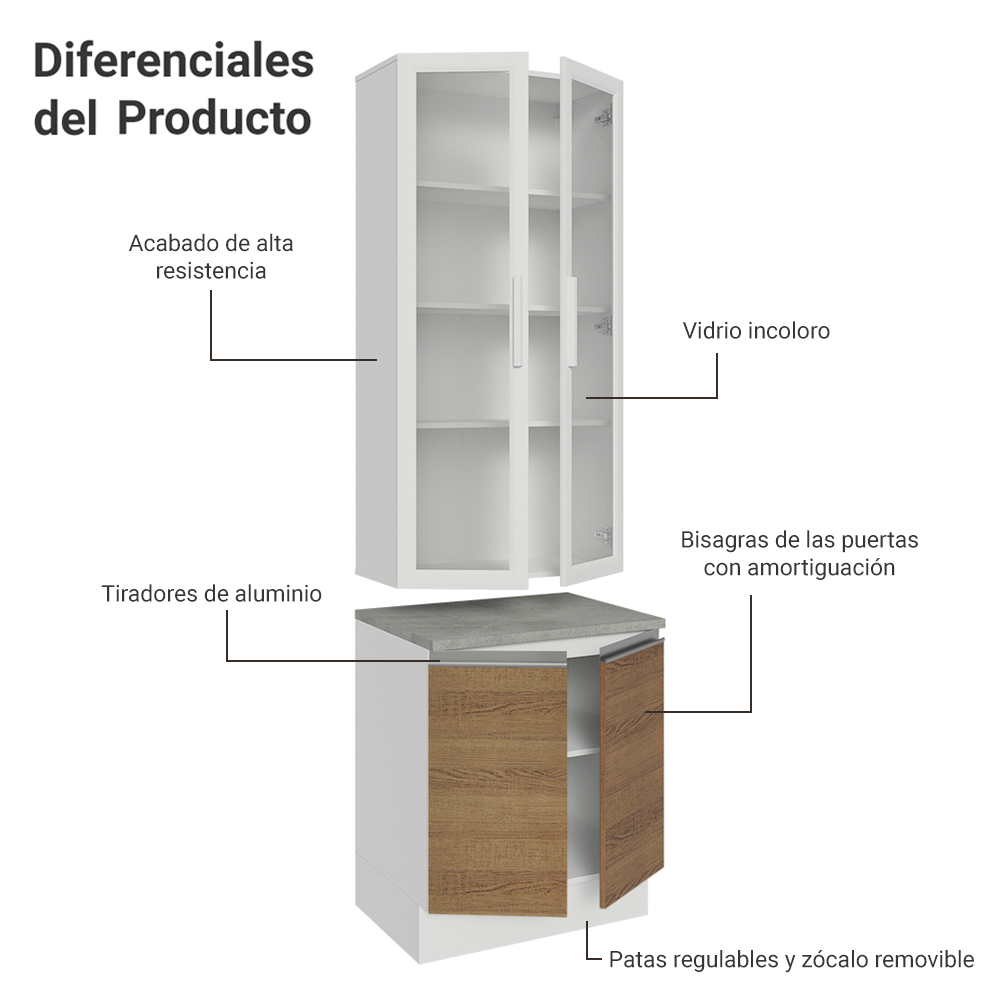 Kit Gabinete Bajo 2 Puertas y Vitrina Blanco/Marrón Glamy Madesa