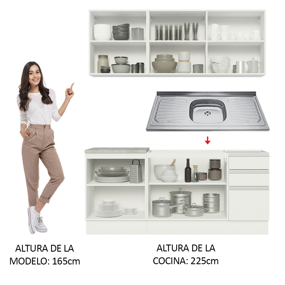 Cocina Compacta 180 cm Con Fregadero Blanco Glamy Madesa