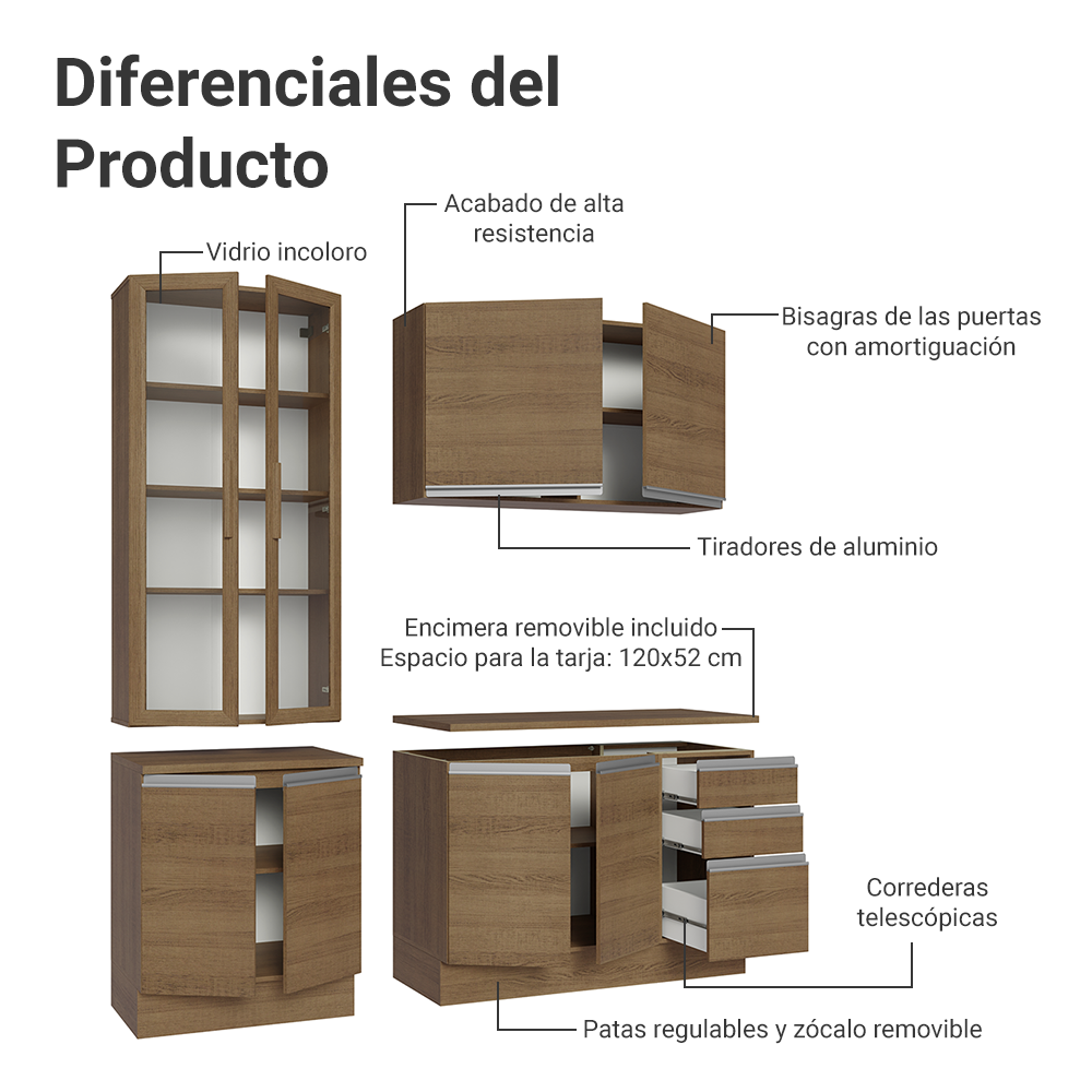 Cocina Compacta 190 cm Con Vitrina Marrón Glamy Madesa