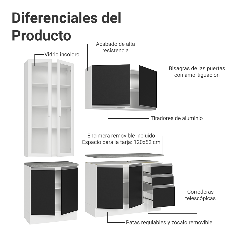 Cocina Compacta 190 cm Con Vitrina Blanco/Negro Glamy Madesa