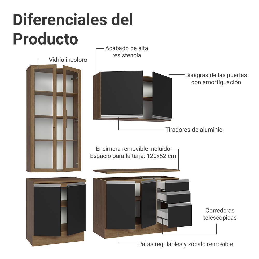 Cocina Compacta 190 cm Con Vitrina Marrón/Negro Glamy Madesa