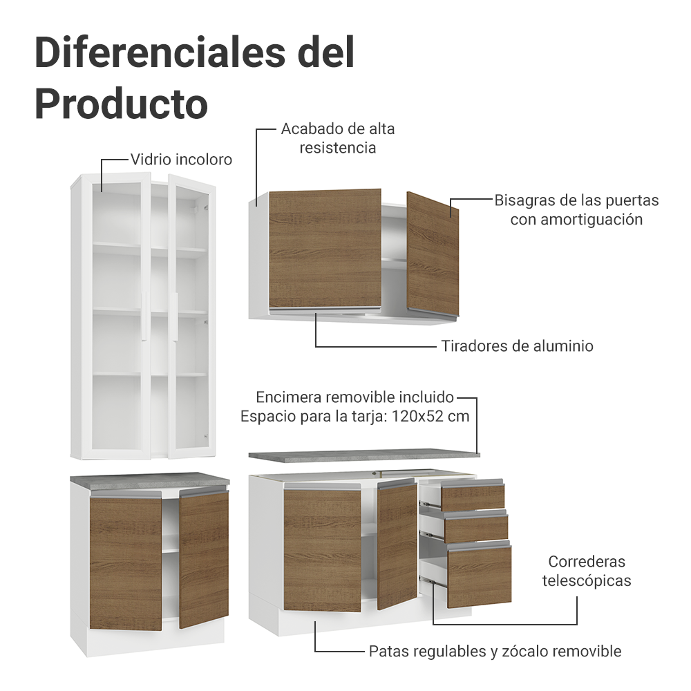 Cocina Compacta 190 cm Con Vitrina Blanco/Marrón Glamy Madesa