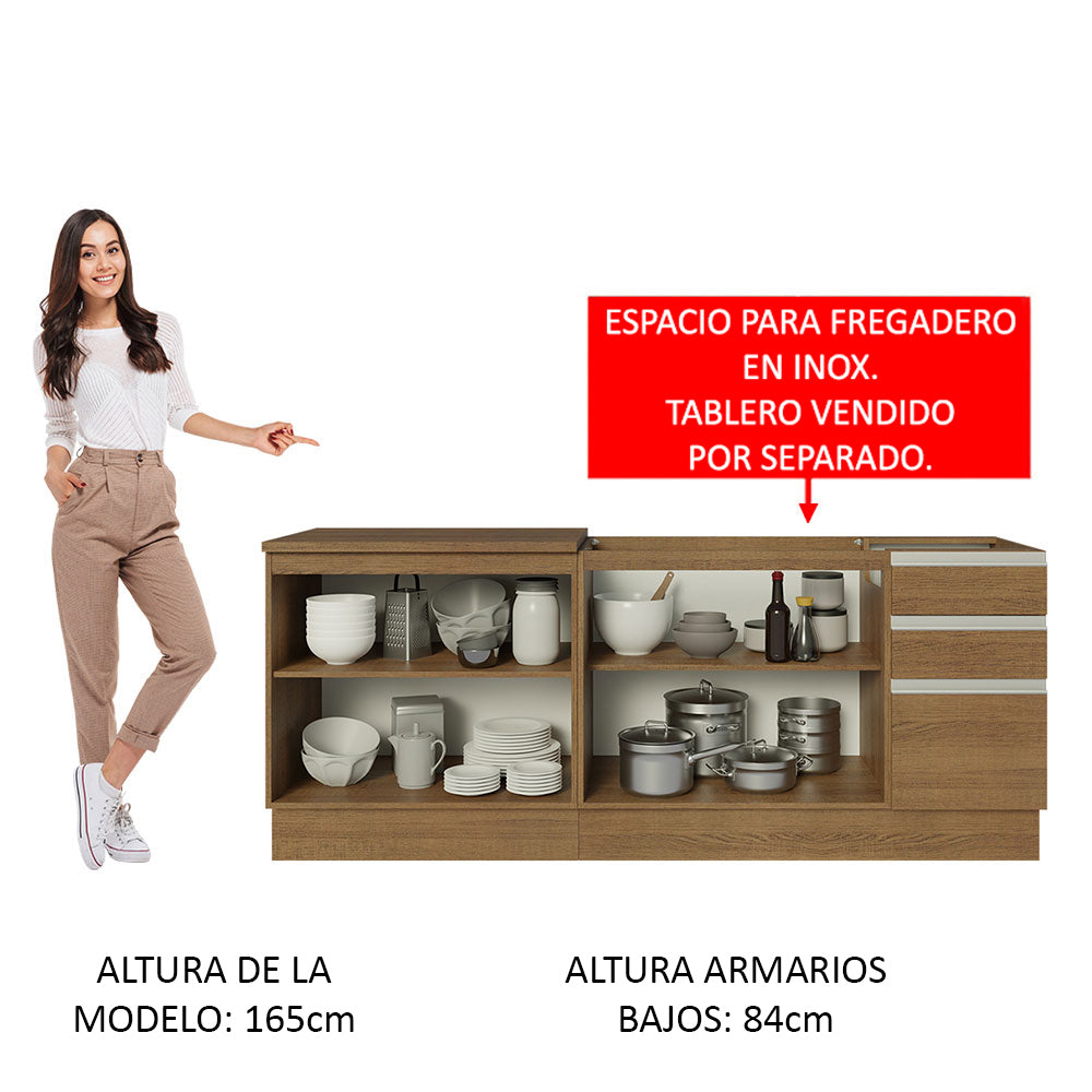 Kit con Mueble para Fregadero y Gabinete Bajo 4 Puertas y 3 Cajones (Sin Encimera Ni Fregadero) Marrón Glamy 06