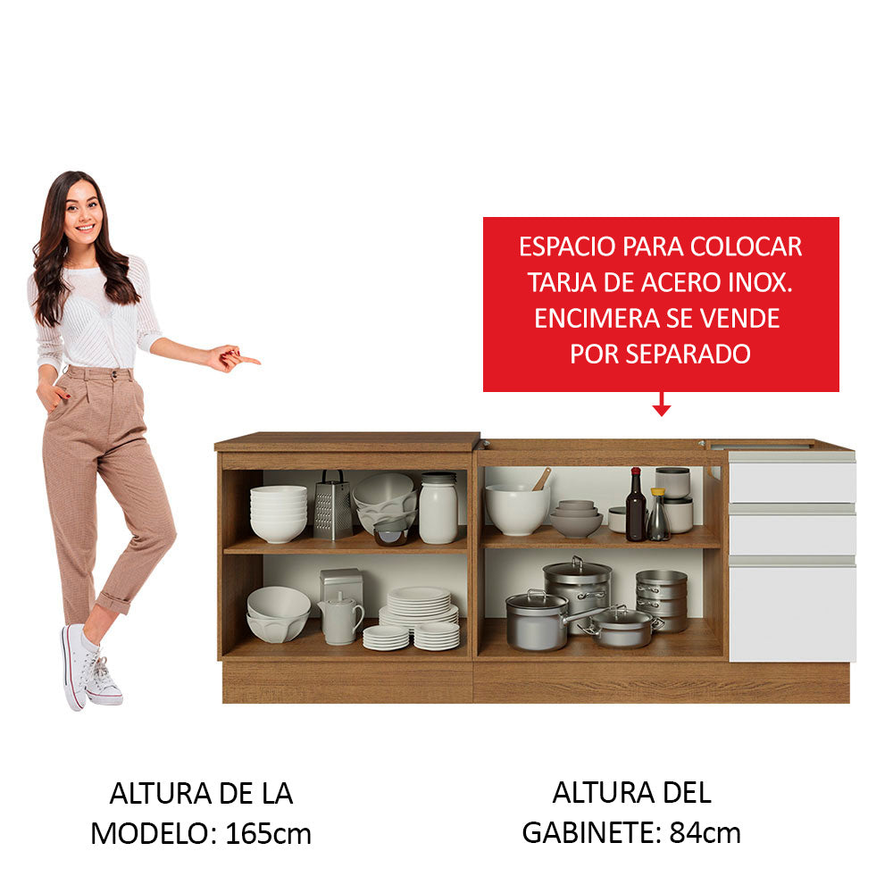 Kit con Mueble para Fregadero y Gabinete Bajo 4 Puertas y 3 Cajones (Sin Encimera Ni Fregadero) Marrón/Blanco Glamy 06