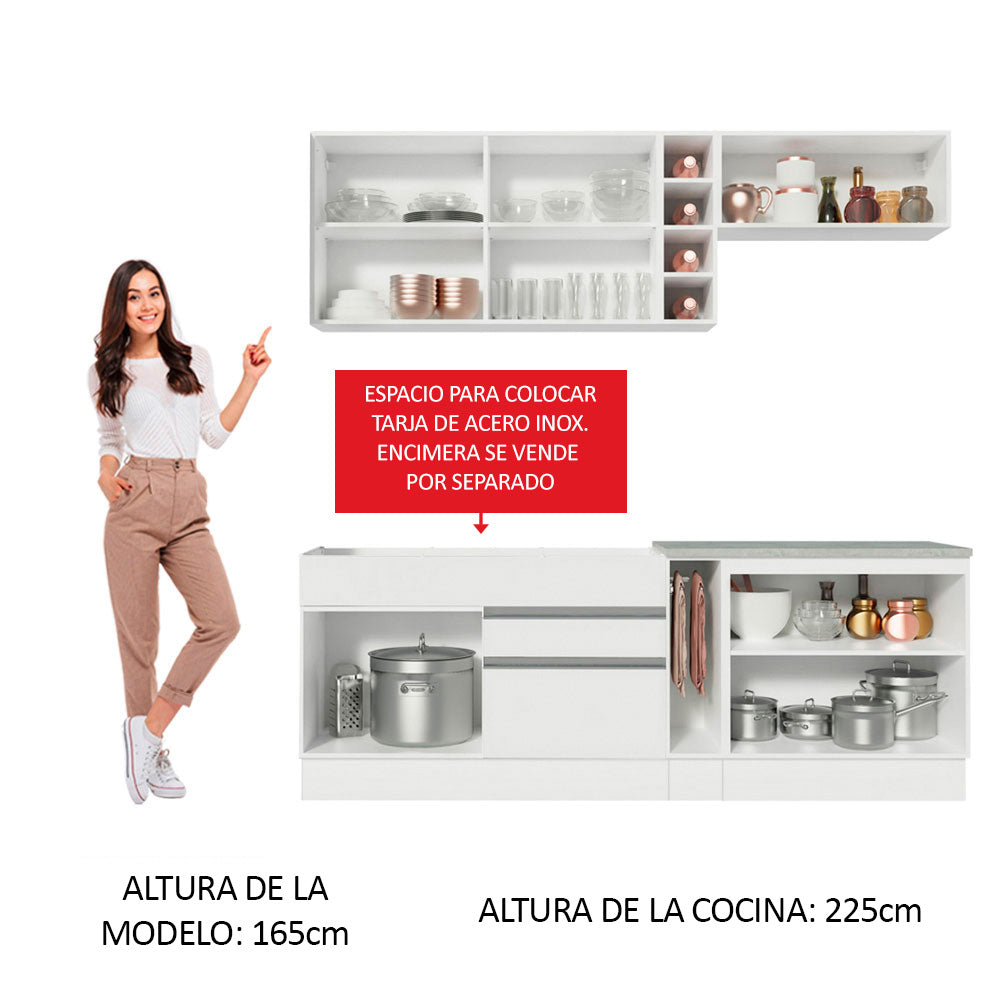 Cocina Compacta 220 x 52 cm 6 Puertas 2 Cajones Blanco/Marrón Glamy Madesa 01