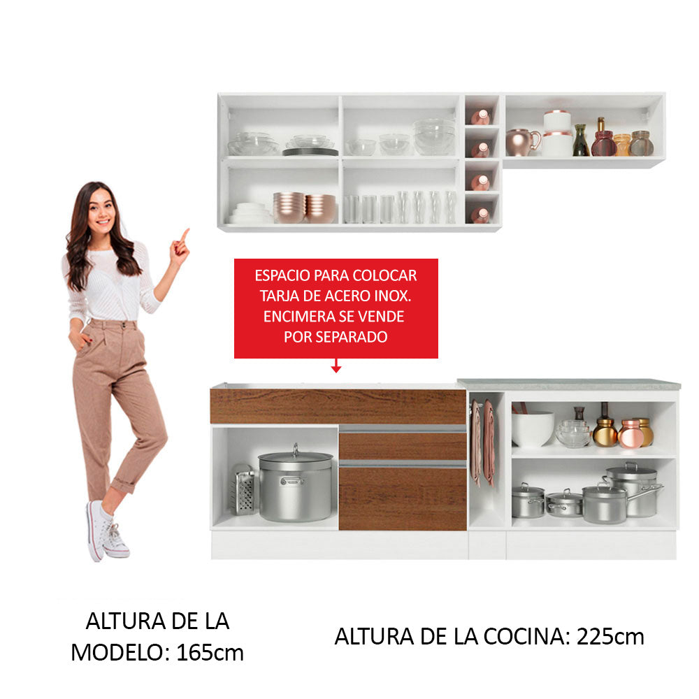 Cocina Compacta 220 x 52 cm 6 Puertas 2 Cajones Blanco/Marrón Glamy Madesa 02