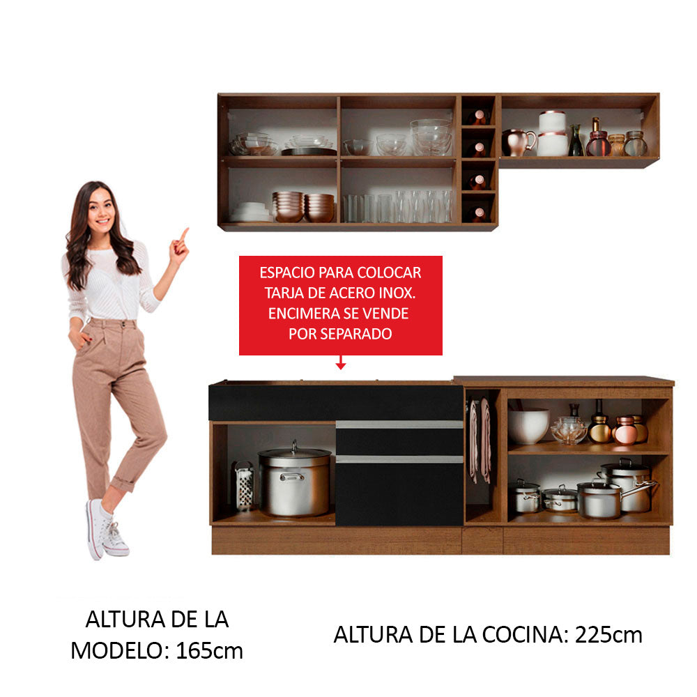 Cocina Compacta 220 x 52 cm 6 Puertas 2 Cajones Marrón/Negro Glamy Madesa 07