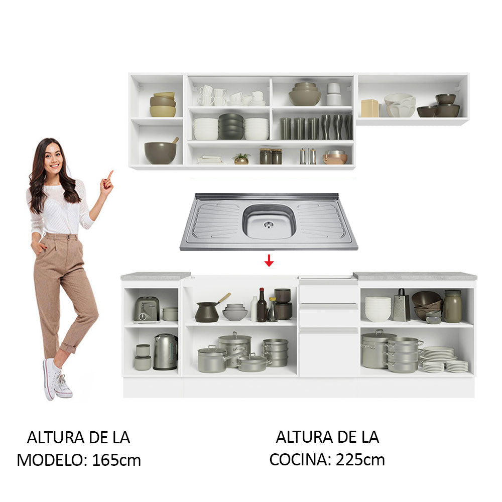 Cocina Integral 240 cm Con Fregadero Blanco Glamy Madesa
