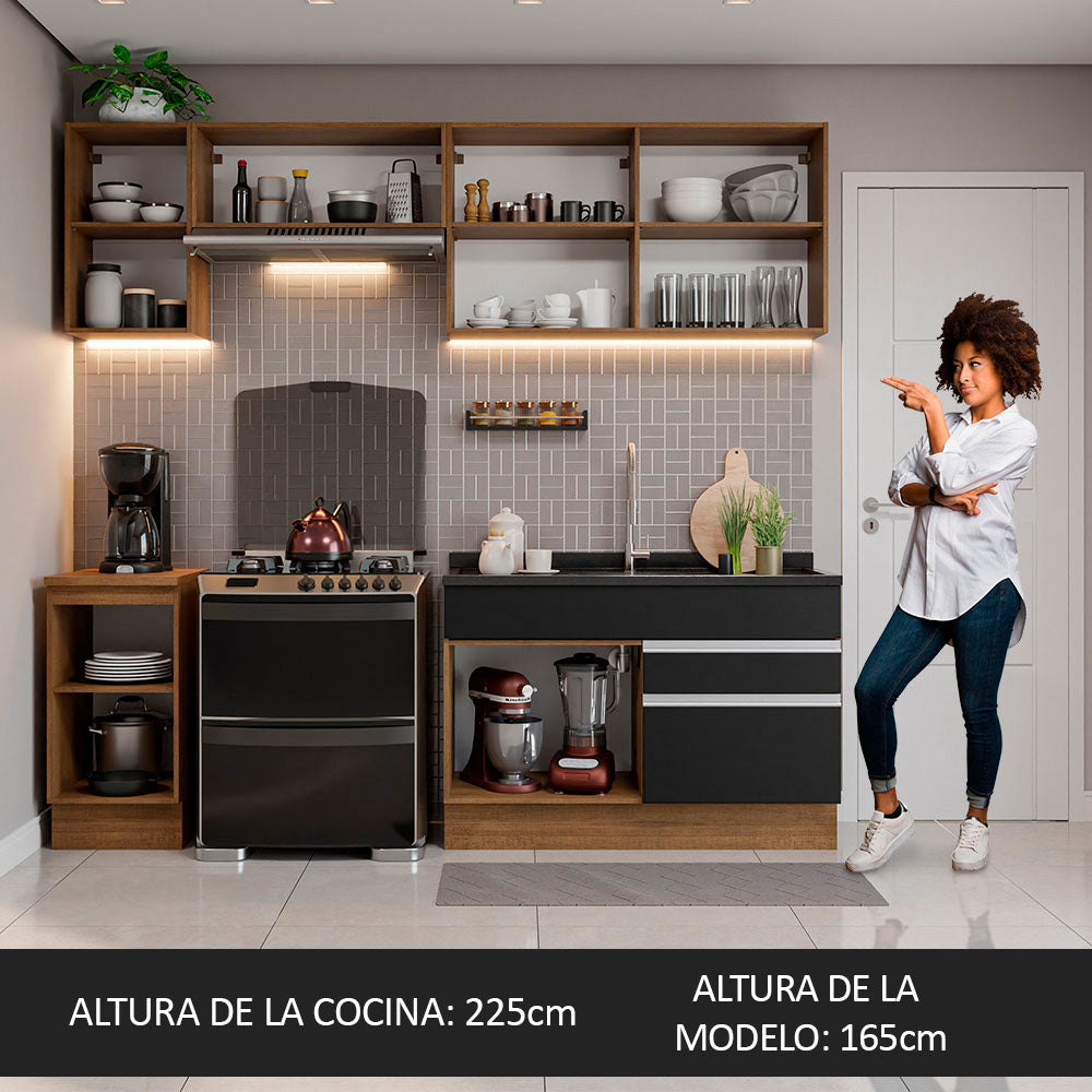 Cocina Integral 240 x 52 cm 6 Puertas 2 Cajones Marrón/Negro Glamy Madesa 07