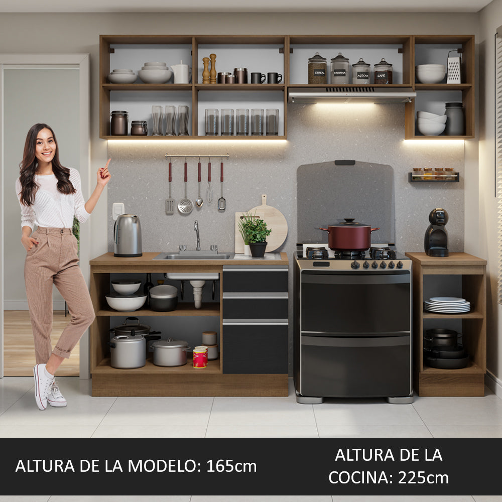Cocina Integral 240 cm Con Fregadero y Accesorios de Cocina Marrón/Negro Glamy Madesa