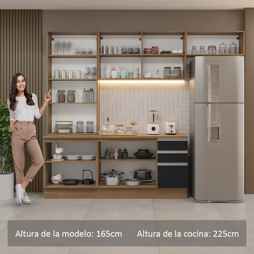Cocina Integral 270 cm Con Vitrina Marrón/Negro Glamy Madesa