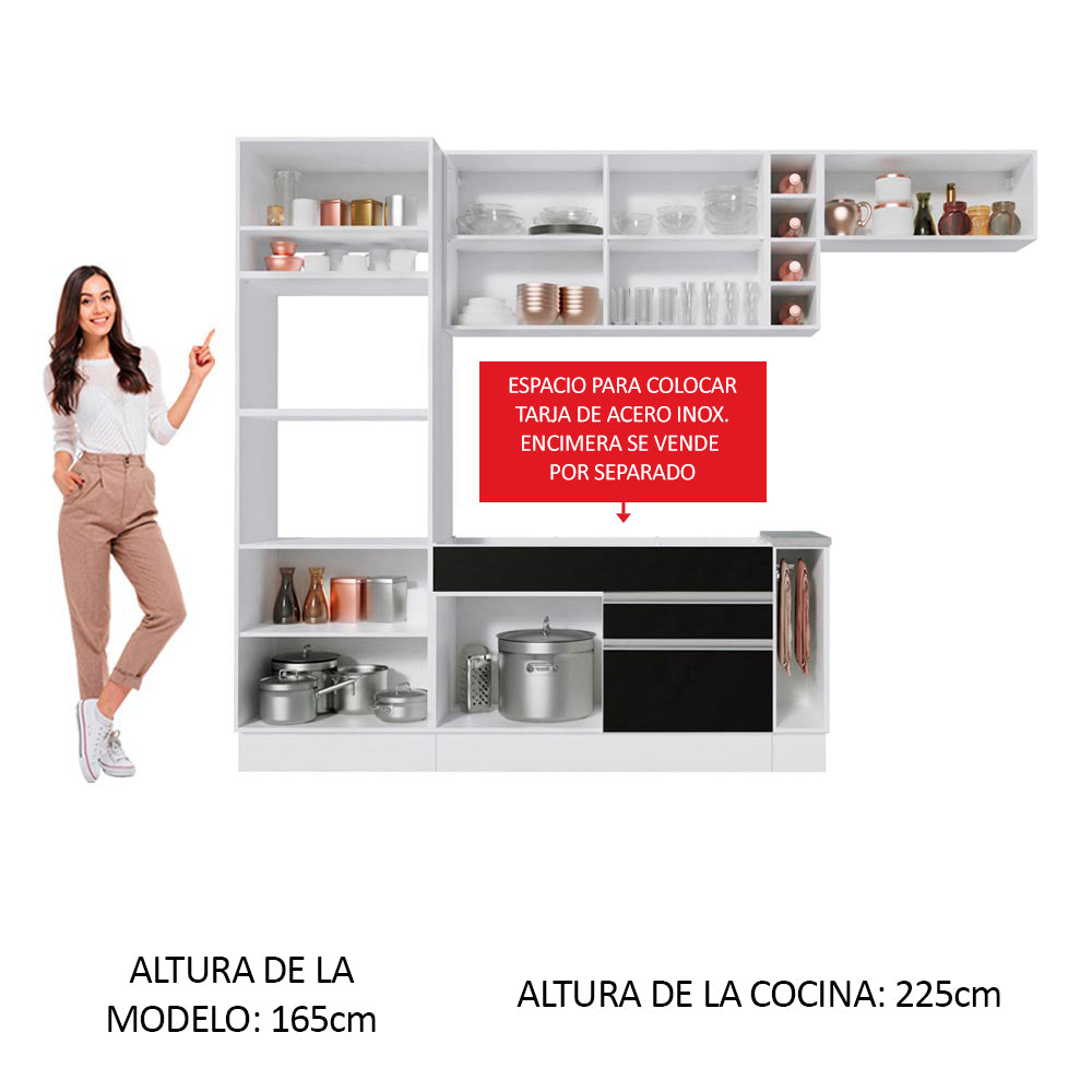 Cocina Integral 290 cm Con Mueble para Horno Blanco/Negro Glamy Madesa