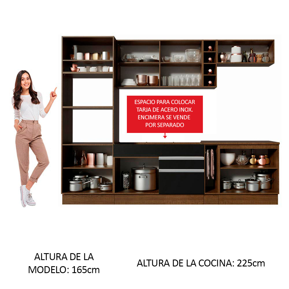 Cocina Integral 290 x 52 cm 9 Puertas 2 Cajones Con Mueble para Horno Marrón/Negro Glamy Madesa 07