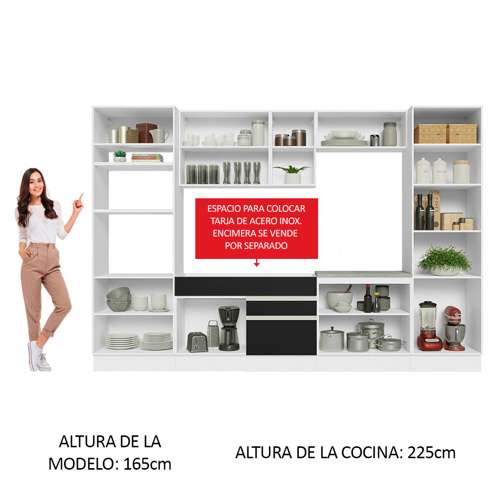 Cocina Integral 330 cm Con Mueble para Horno y Despensa Abierta Blanco/Negro Glamy Madesa
