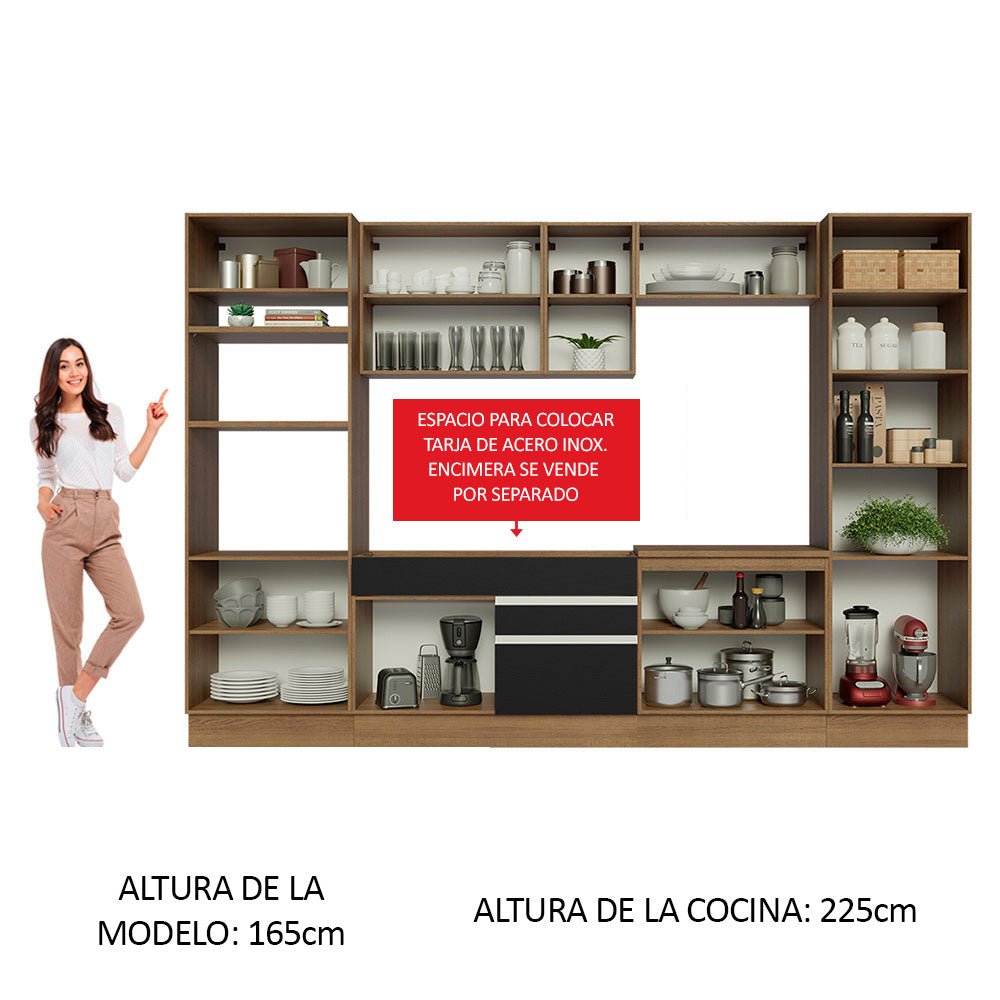 Cocina Integral 330 cm Con Mueble para Horno y Despensa Abierta Marrón/Negro Glamy Madesa